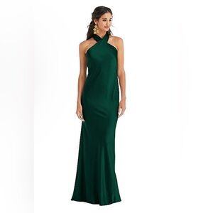 NWT Lovely LB025 twist halter‎ lux charmeuse maxi Dress Evergreen Sz XL $231